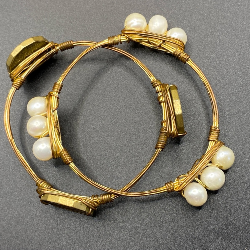 Wire Wrap Bangle Bracelets Goldtone Pair English Three Pence Coins Faux Pearls